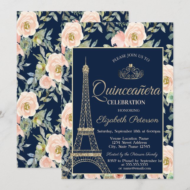 Invitation Tour Eiffel, Tiara, Marine Rose Blue Quinceañera (Devant / Derrière)