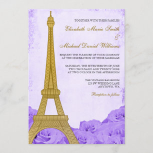 Invitation Tour Eiffel vintage Rose violet Mariage
