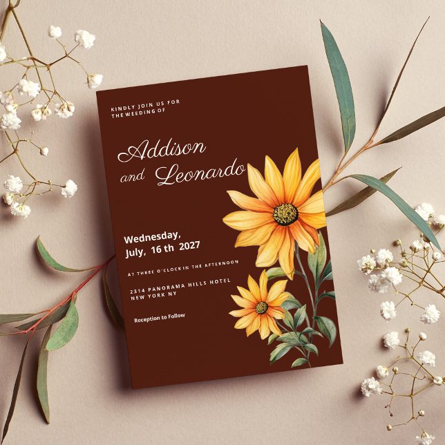 Invitation Tourbe brun menthe tournesol fleurs mariage (Peaty brown orange mint sunflower flowers wedding)