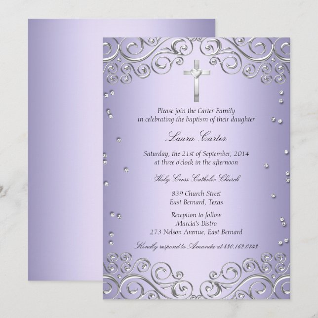 Invitation Tourbillon d'argent pourpre et baptême croisé/bapt (Devant / Derrière)