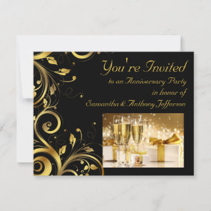 Invitation Tourbillon Noir et Or, Fête d'Anniversaire sur Mes