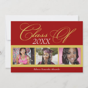 Invitation Tourbillonnant Red/Gold 3 Photo Graduation Faire-p