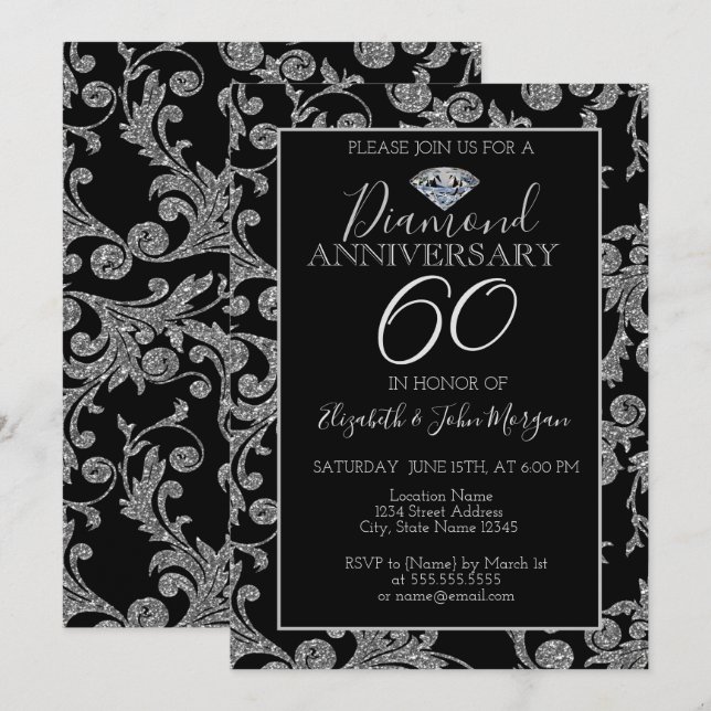 Invitation Tourbillons de paillettes d'argent Mariage Anniver (Devant / Derrière)