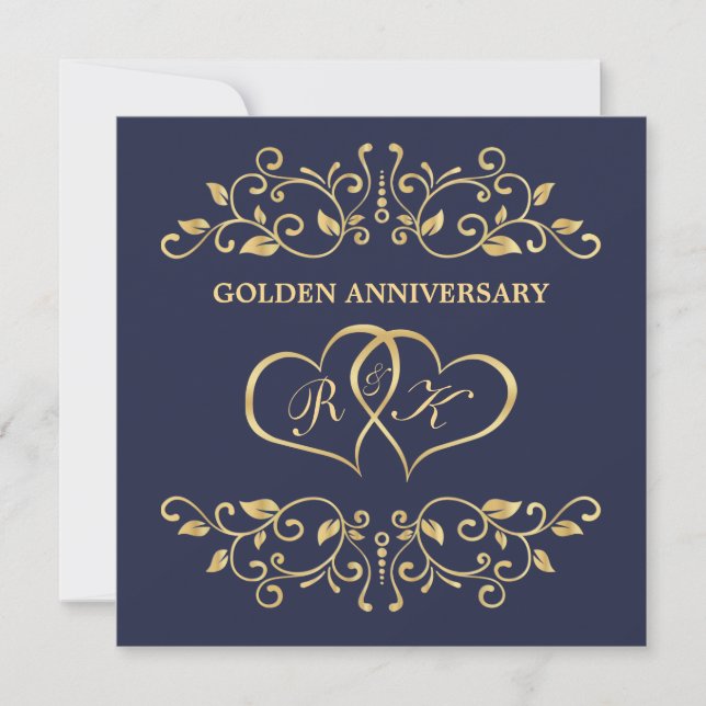 Invitation Tourbillons dorés, cœurs unis 50e anniversaire (Devant)