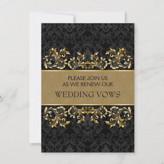 Invitation Tourbillons dorés et noirs damassés Renouveau du V (Devant)