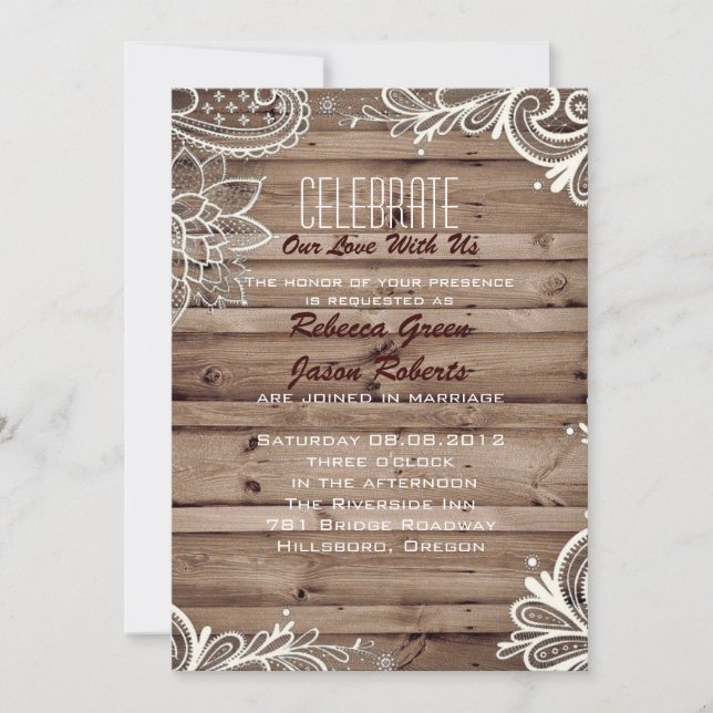Invitation tourbillons fleuris dentelle grange mariage campag (Devant)