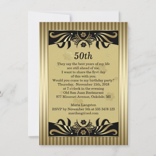 Invitation Tourbillons noir et or, fleurs 50e anniversaire (Devant)
