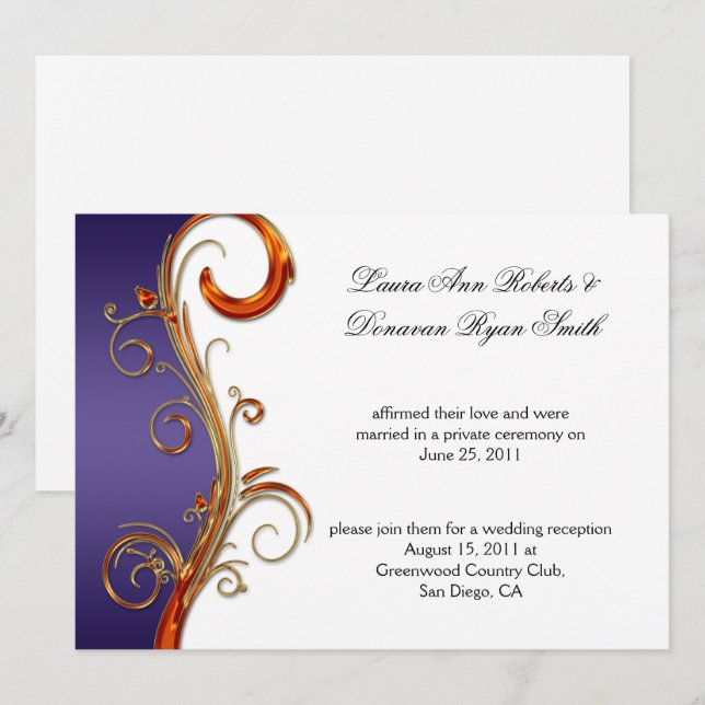 Invitation Tourbillons Ornés de Violet Orange et Or (Devant / Derrière)