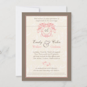 Invitation Tourbillons roses à la crème pâle mariage damassé