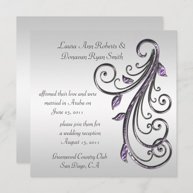 Invitation Tourbillons violets et argent sur fond argent (Devant / Derrière)