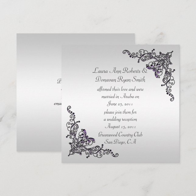 Invitation Tourbillons violets noirs sur fond argenté Post Ma (Devant / Derrière)