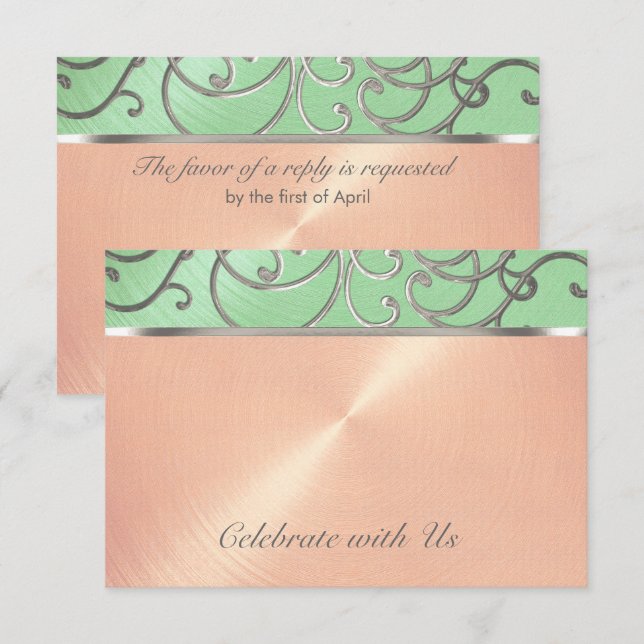 Invitation Tourne de Filigree argenté Quinceanera verte à la  (Devant / Derrière)