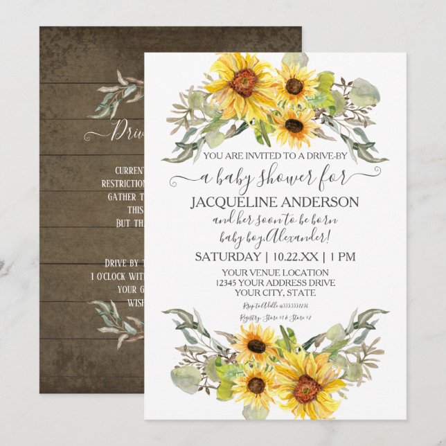 Invitation Tournée Rustique De Tournesol Par Aquarelle Baby s (Devant / Derrière)