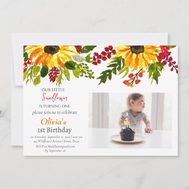 Invitation Tournesol 1er anniversaire fille photo florale (Devant)