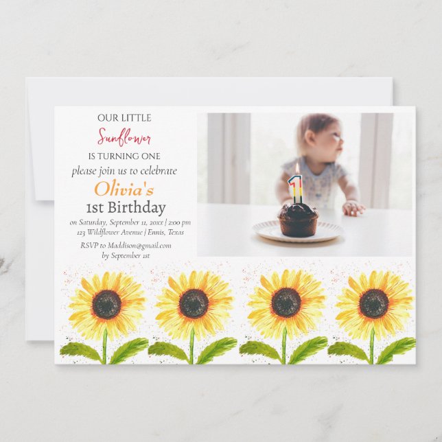 Invitation Tournesol 1er anniversaire fille photo florale (Devant)
