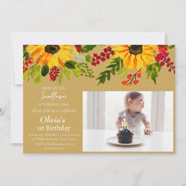 Invitation Tournesol 1er anniversaire fille photo florale (Devant)