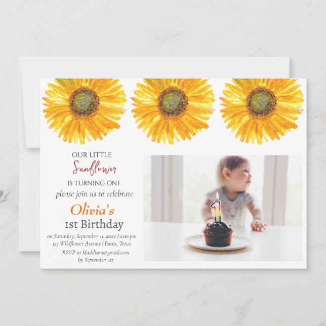 Invitation Tournesol 1er anniversaire fille photo florale (Devant)