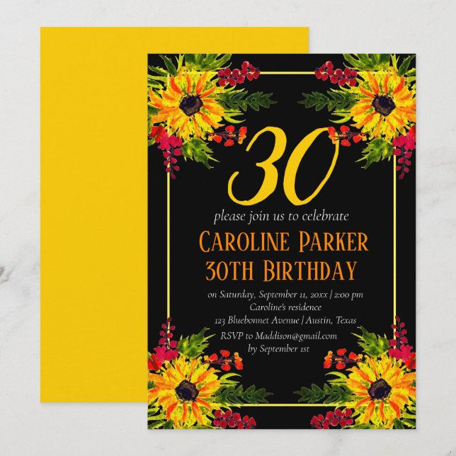 Invitation Tournesol 30e anniversaire Jaune Floral Adulte (Devant / Derrière)