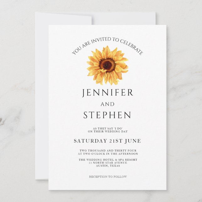 Invitation Tournesol Aquarelle minimaliste élégant mariage (Devant)