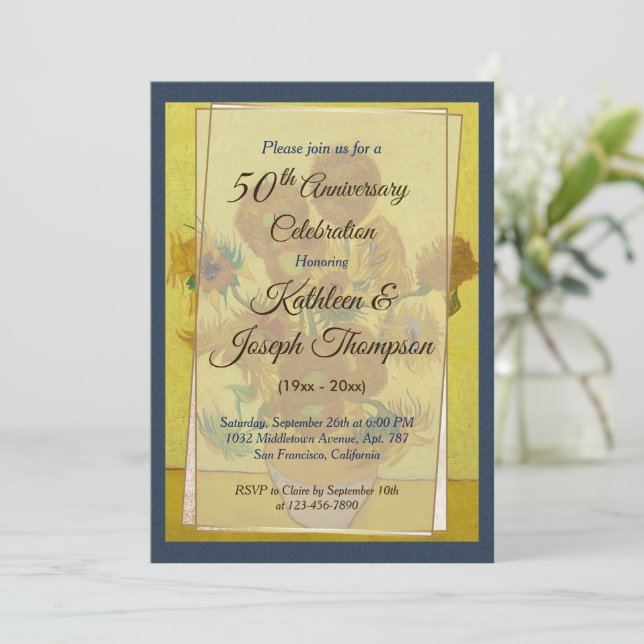 Invitation Tournesol Bleu Marine Photo 50e Anniversaire de Ma (Debout devant)