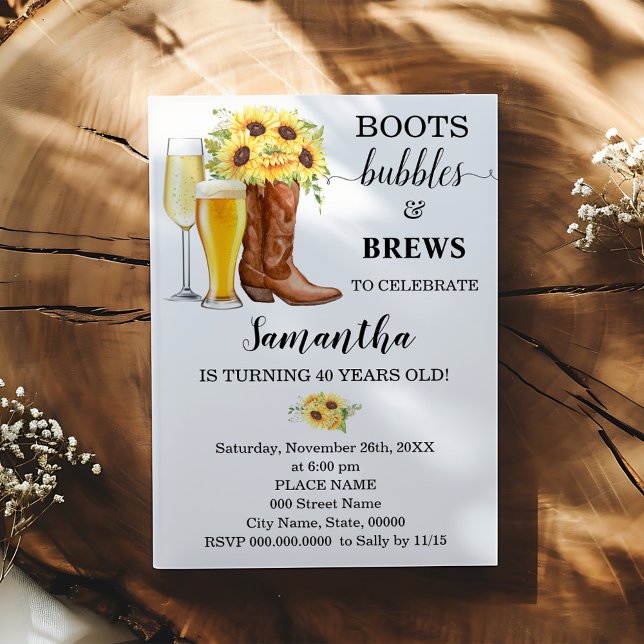 Invitation Tournesol Bottes bulles et brasse Adulte Anniversa (Créateur téléchargé)