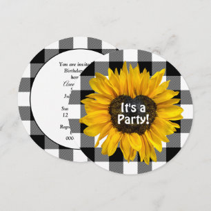 Invitation Tournesol cœur sur fête d'anniversaire à carreaux 