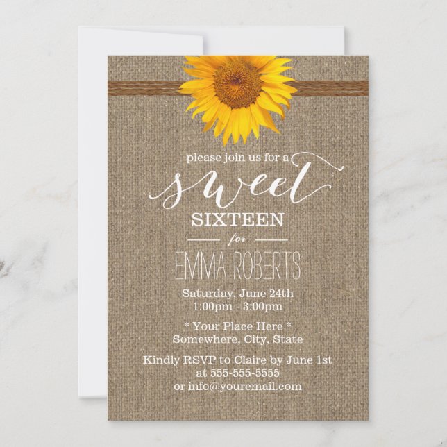 Invitation Tournesol de pays et Sweet sixteen Burlap de Twin (Devant)