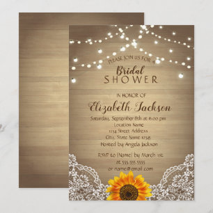 Invitation Tournesol, dentelle, Fête des mariées rustique en 