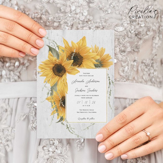 Invitation Tournesol d'été aquarelle, grange rustique mariage (Rustic, watercolor sunflower themed, Wedding invitation for country, barn wedding on summer or fall)