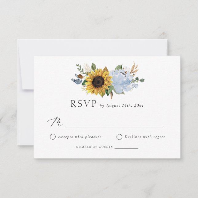 Invitation Tournesol Dusty Blue Flowers Mariage rustique RSVP (Devant)