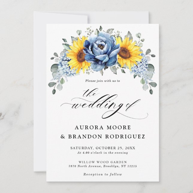 Invitation Tournesol Dusty Blue Slate Peony Mariage floral (Devant)