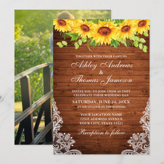 Invitation Tournesol en bois rustique Flore Dentelle verte Ph (Devant / Derrière)