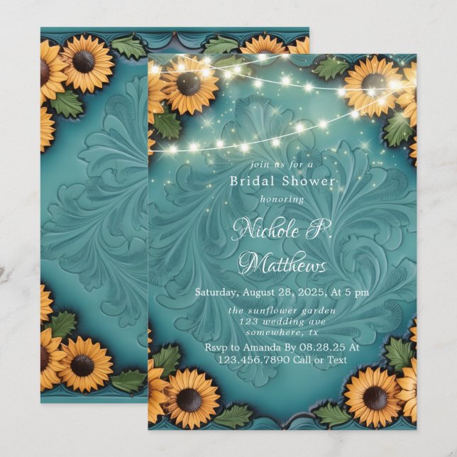 Invitation Tournesol en cuir turquoise à outils Brunch & Bubb (Devant / Derrière)
