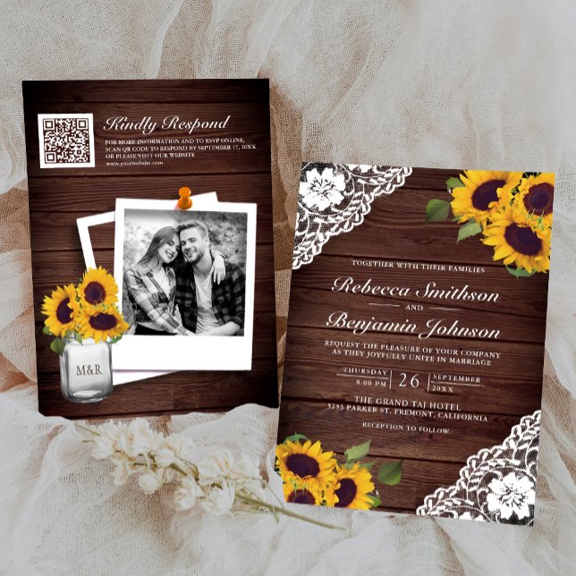 Invitation Tournesol en dentelle de bois rustique Photo QR Co (Créateur téléchargé)
