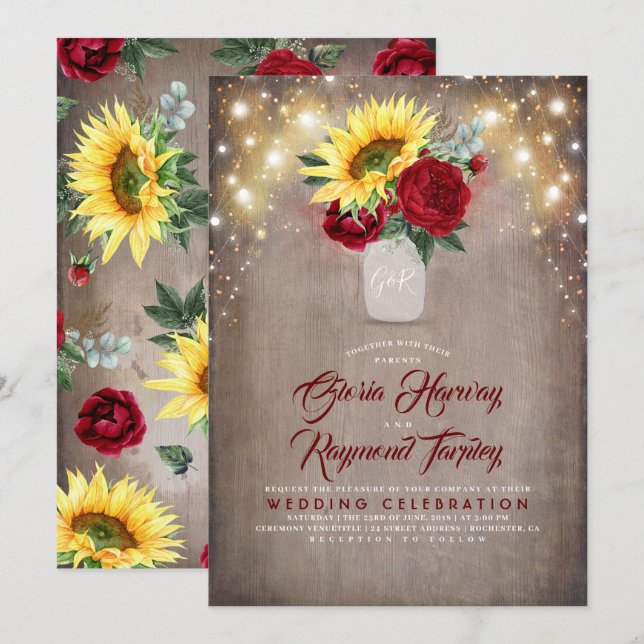 Invitation Tournesol et Bourgogne Rose Mason Jar Mariage de a (Devant / Derrière)