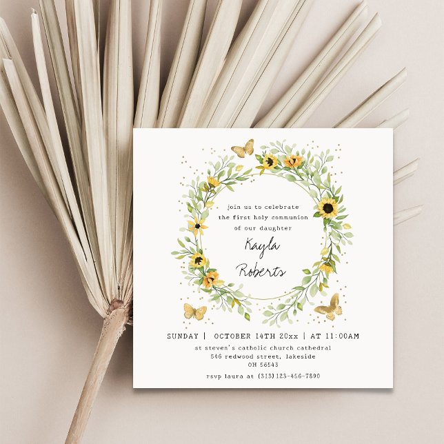 Invitation Tournesol et papillons Première communion sainte (Créateur téléchargé)
