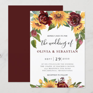 Invitation Tournesol et Rose Bourgogne Rouge Mariage