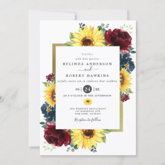 Invitation Tournesol et Rose Mariage bleu de la marine de Bou