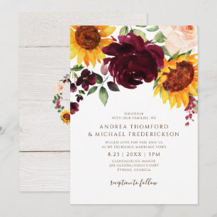 Invitation Tournesol et Roses Mariage d'automne Rouge Bourgog