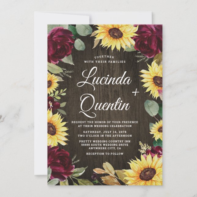 Invitation Tournesol et roses rouges Mariage de la grange rus (Devant)