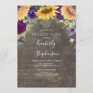 Invitation Tournesol et violet Rose Anniversaire rustique