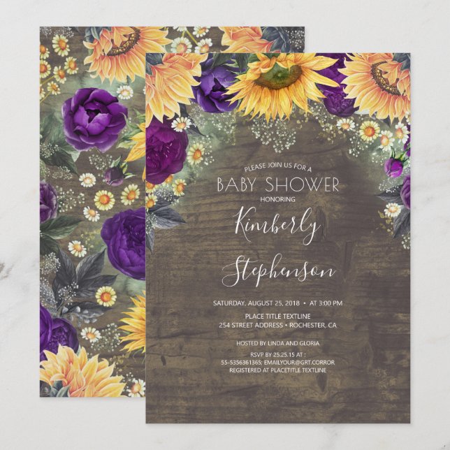 Invitation Tournesol et violet Rose Baby shower rustique (Devant / Derrière)
