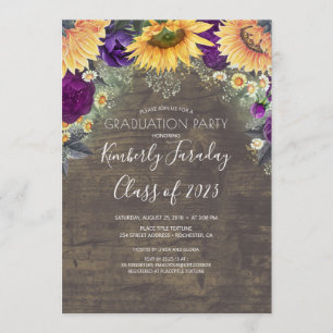 Invitation Tournesol et violet Rose Graduation rustique