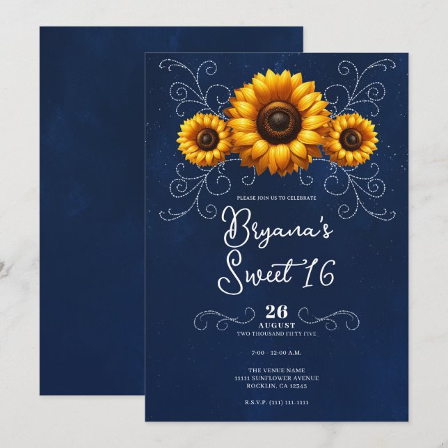 Invitation Tournesol étincelle Bleu Rustique Glam Sweet 16 (Devant / Derrière)