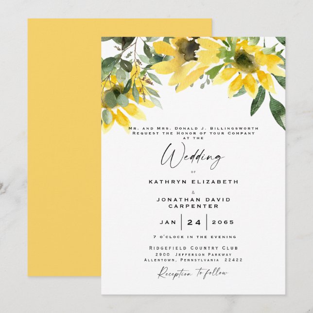 Invitation Tournesol Eucalyptus Aquarelle & Jaune (Devant / Derrière)