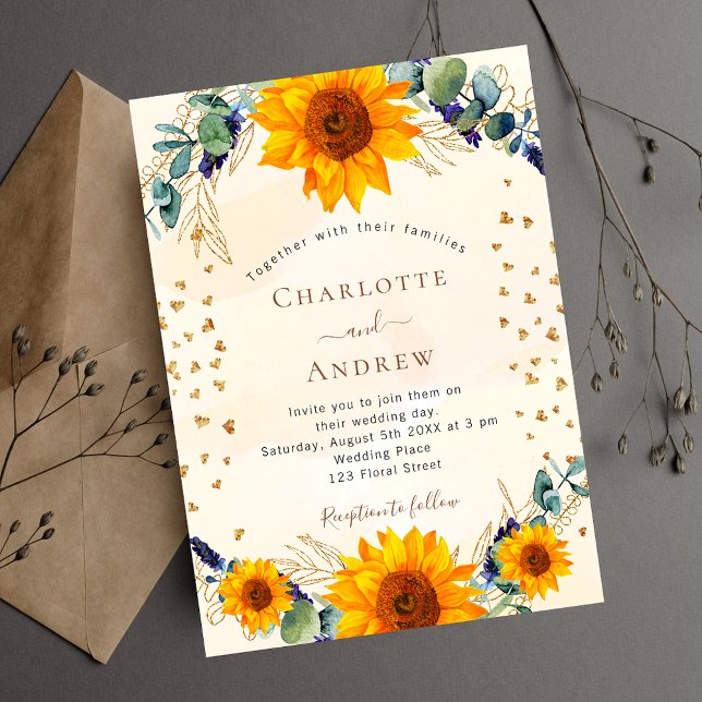 Invitation Tournesol eucalyptus or coeur mariage de luxe (Créateur téléchargé)
