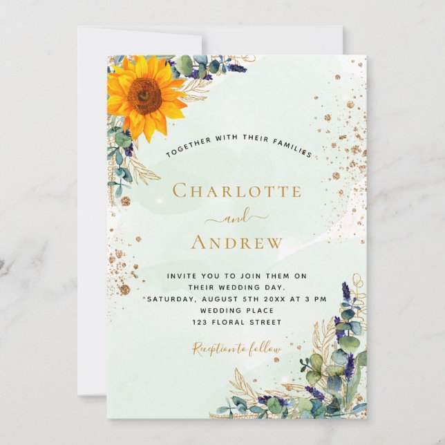 Invitation Tournesol Eucalyptus verdure mariage rustique (Devant)