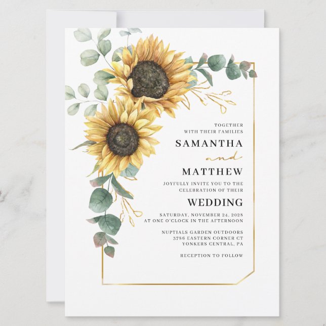 Invitation Tournesol Eucalyptus Vert Mariage floral (Devant)