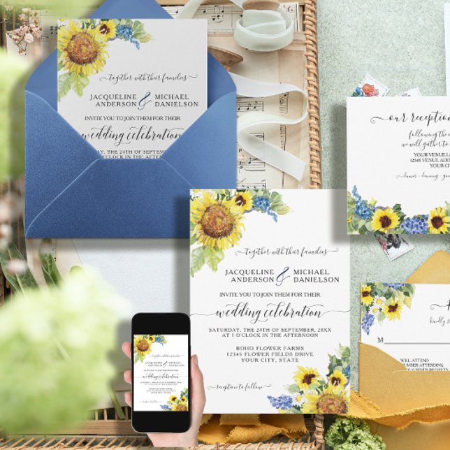 Invitation Tournesol Floral Bleu Eucalyptus BOHO Chic Mariage (Créateur téléchargé)