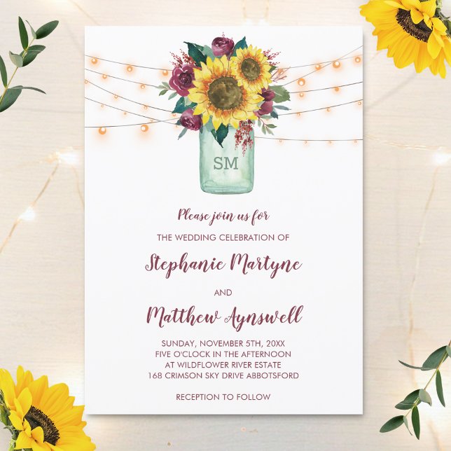 Invitation Tournesol Floral Bourgogne Rose Lumières Jar Maria (Créateur téléchargé)